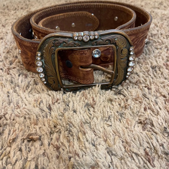 Tony Lama Accessories - Tony Lama Brown Tooled Leather Rhinestone Western Belt Size 38 C50505. READ